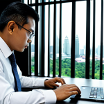 A diligent Malaysian financial analyst, male, in a modest, dark professional suit, with short, neat hair. He is seated at a large, modern desk in a well-lit corporate office, intently reviewing digital financial reports on a sleek monitor and comparing them with printed balance sheets. A subtle outline of the Kuala Lumpur city skyline is visible through the window in the soft background. The desk is organized with a laptop, a pen, and a subtle traditional Malaysian motif on a document holder. The overall atmosphere is one of focused concentration and intellectual rigor. Perfect anatomy, correct proportions, natural pose, well-formed hands, proper finger count, natural body proportions, fully clothed, appropriate attire, professional dress, safe for work, appropriate content, professional, high quality, realistic photography.