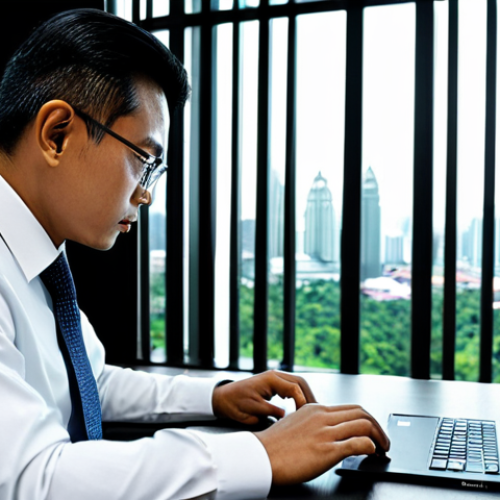 A diligent Malaysian financial analyst, male, in a modest, dark professional suit, with short, neat hair. He is seated at a large, modern desk in a well-lit corporate office, intently reviewing digital financial reports on a sleek monitor and comparing them with printed balance sheets. A subtle outline of the Kuala Lumpur city skyline is visible through the window in the soft background. The desk is organized with a laptop, a pen, and a subtle traditional Malaysian motif on a document holder. The overall atmosphere is one of focused concentration and intellectual rigor. Perfect anatomy, correct proportions, natural pose, well-formed hands, proper finger count, natural body proportions, fully clothed, appropriate attire, professional dress, safe for work, appropriate content, professional, high quality, realistic photography.