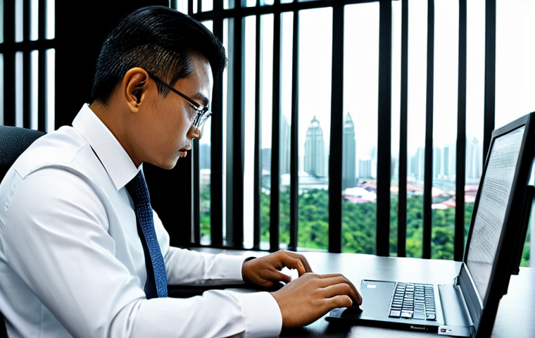 A diligent Malaysian financial analyst, male, in a modest, dark professional suit, with short, neat hair. He is seated at a large, modern desk in a well-lit corporate office, intently reviewing digital financial reports on a sleek monitor and comparing them with printed balance sheets. A subtle outline of the Kuala Lumpur city skyline is visible through the window in the soft background. The desk is organized with a laptop, a pen, and a subtle traditional Malaysian motif on a document holder. The overall atmosphere is one of focused concentration and intellectual rigor. Perfect anatomy, correct proportions, natural pose, well-formed hands, proper finger count, natural body proportions, fully clothed, appropriate attire, professional dress, safe for work, appropriate content, professional, high quality, realistic photography.