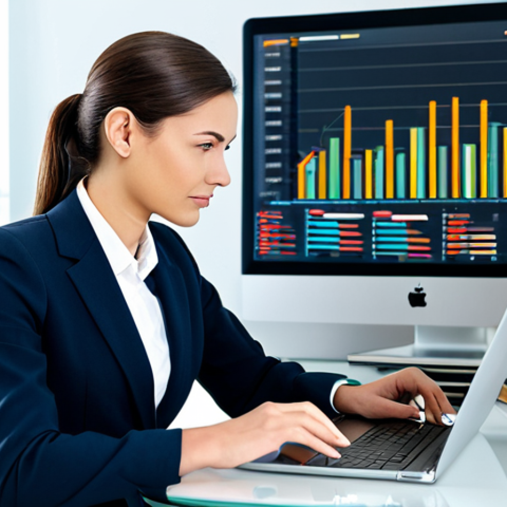 A professional female financial analyst in a modest business suit, focused on a laptop screen displaying intricate financial charts and graphs indicating profit growth trends, with a stack of annual reports on a sleek, modern office desk. The background is a blurred, bright office environment, emphasizing deep analysis and data interpretation. The image conveys a diligent, intellectual atmosphere. safe for work, appropriate content, fully clothed, professional dress, perfect anatomy, correct proportions, natural pose, well-formed hands, proper finger count, natural body proportions, professional photography, high resolution, realistic.
