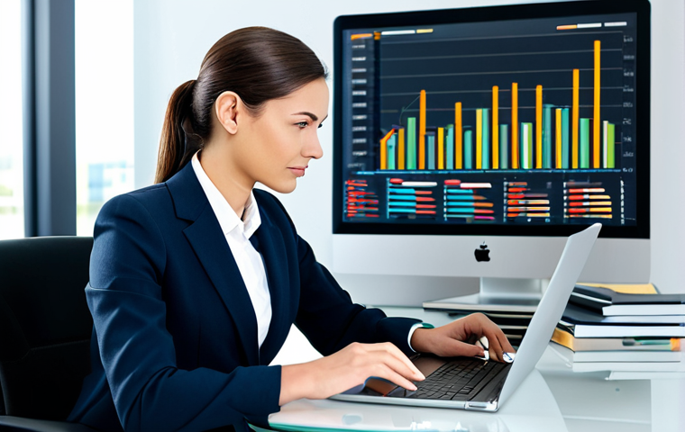 A professional female financial analyst in a modest business suit, focused on a laptop screen displaying intricate financial charts and graphs indicating profit growth trends, with a stack of annual reports on a sleek, modern office desk. The background is a blurred, bright office environment, emphasizing deep analysis and data interpretation. The image conveys a diligent, intellectual atmosphere. safe for work, appropriate content, fully clothed, professional dress, perfect anatomy, correct proportions, natural pose, well-formed hands, proper finger count, natural body proportions, professional photography, high resolution, realistic.